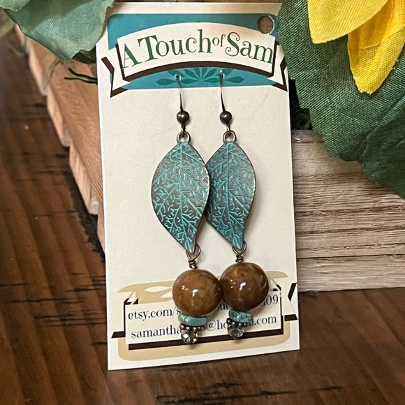 HANDMADE Gorgeous Patina, Turquoise and Crystal Earrings!  NWT - Picture 1 of 7